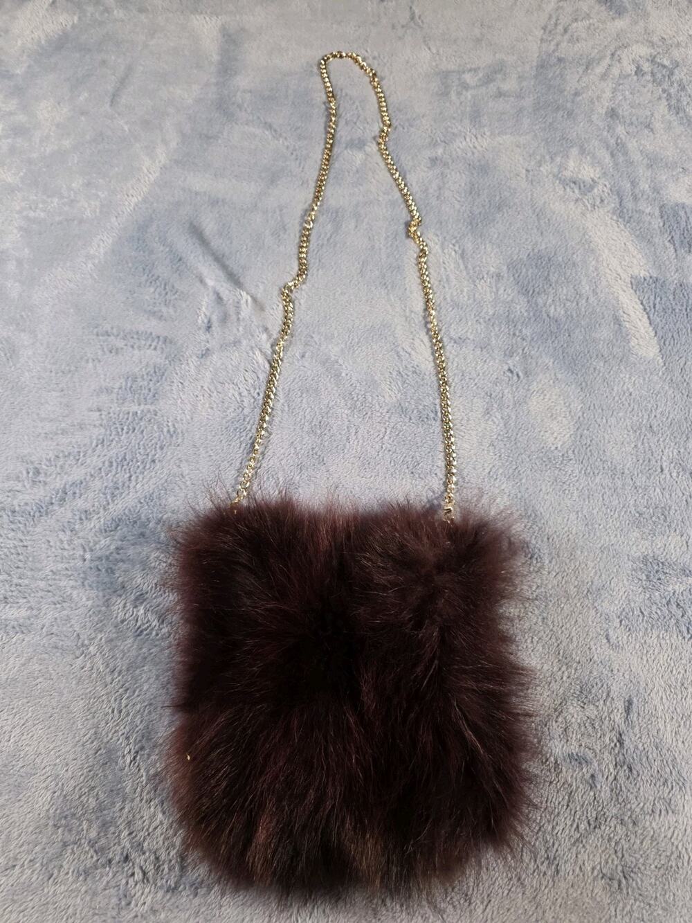 Dana Stein Raccoon Fur Crossbody Purse Burgundy NWOT Gold Chain
